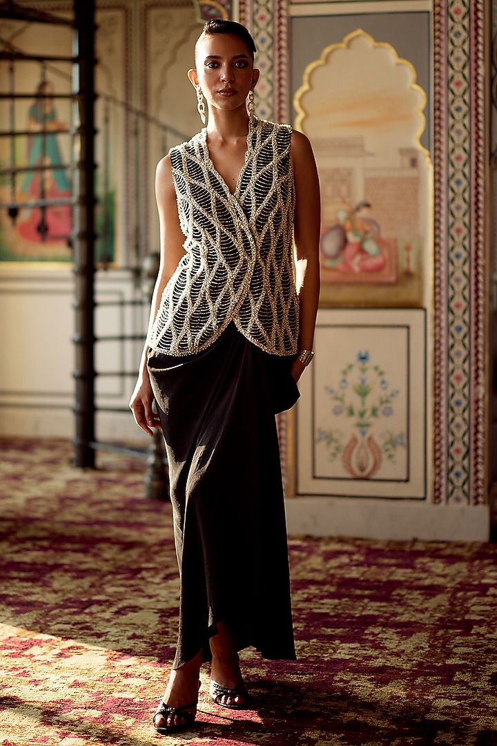 Black Organza Pick-Up Skirt Set by Charu & Vasundhara at Pernia's Pop Up Shop