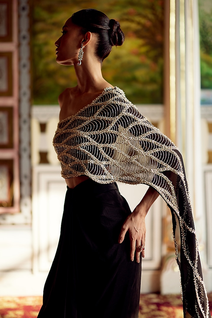 Black Organza Draped Skirt Set by Charu & Vasundhara at Pernia's Pop Up Shop