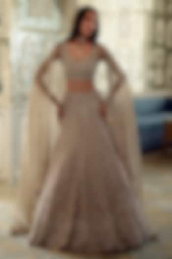 Golden Tissue Jaal Embroidered Bridal Lehenga Set by Charu & Vasundhara at Pernia's Pop Up Shop