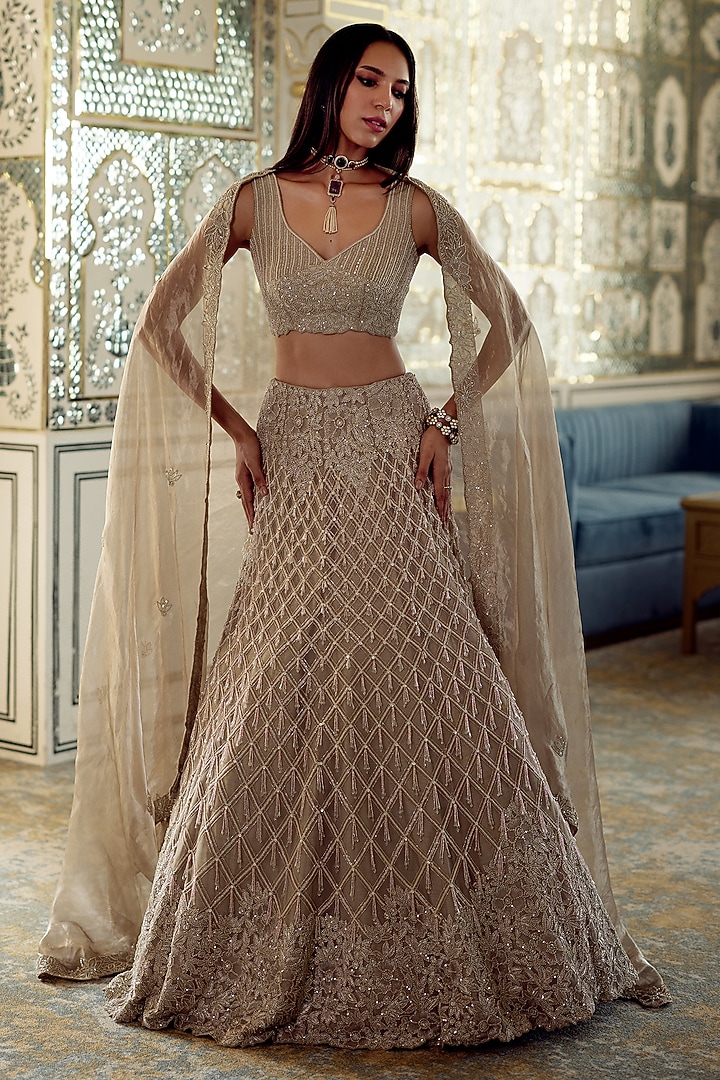 Golden Tissue Jaal Embroidered Bridal Lehenga Set by Charu & Vasundhara at Pernia's Pop Up Shop