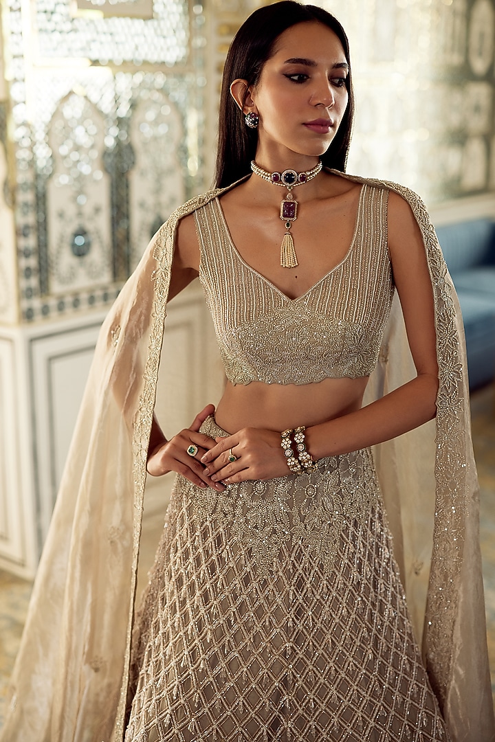 Golden Tissue Jaal Embroidered Bridal Lehenga Set by Charu & Vasundhara at Pernia's Pop Up Shop