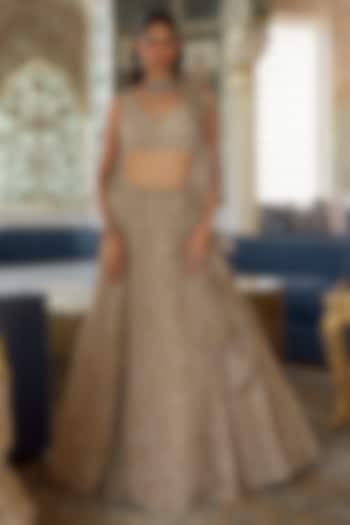 Golden Tissue Floral Embroidered Bridal Lehenga Set by Charu & Vasundhara at Pernia's Pop Up Shop