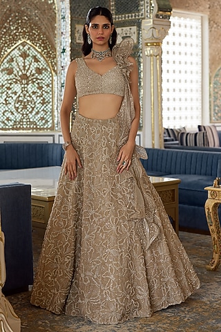 Golden Tissue Floral Embroidered Lehenga Set by Charu & Vasundhara