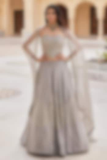 Silver Tissue Floral Embroidered Wedding Lehenga Set by Charu & Vasundhara at Pernia's Pop Up Shop