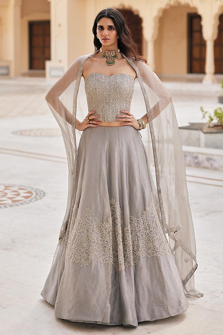Silver Tissue Floral Embroidered Wedding Lehenga Set by Charu & Vasundhara at Pernia's Pop Up Shop