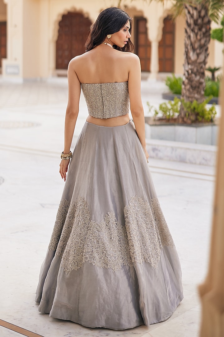 Silver Tissue Floral Embroidered Wedding Lehenga Set by Charu & Vasundhara at Pernia's Pop Up Shop