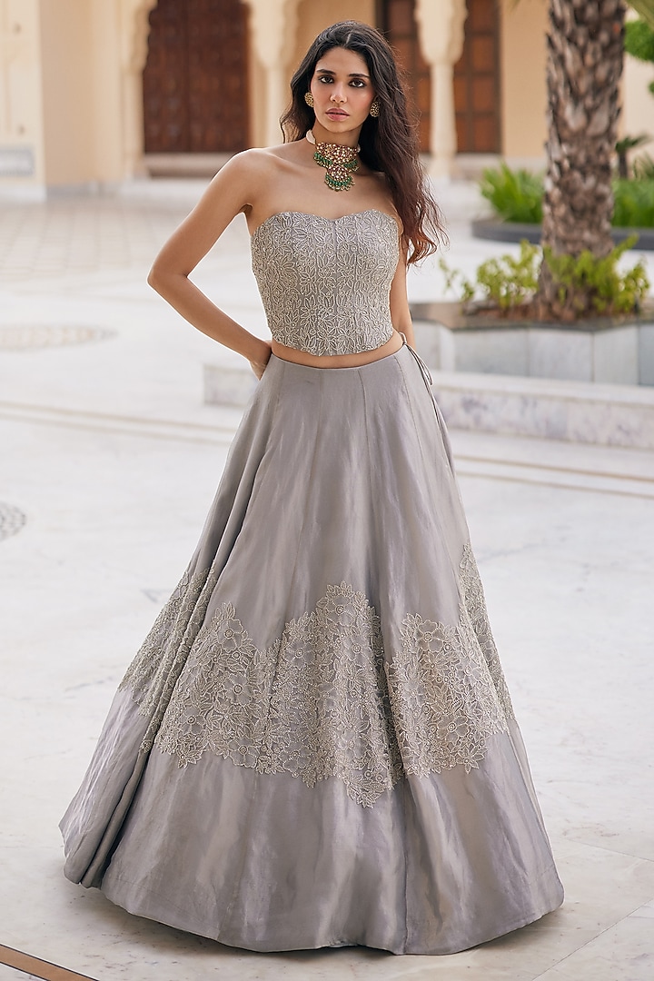 Silver Tissue Floral Embroidered Wedding Lehenga Set by Charu & Vasundhara at Pernia's Pop Up Shop
