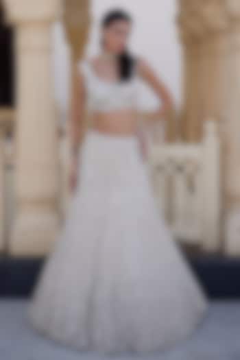 Ivory Net Wave Embroidered Bridal Lehenga Set by Charu & Vasundhara at Pernia's Pop Up Shop