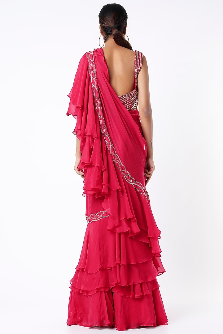 Red Hand Embroidered Pre-Draped Wedding Saree Set by Charu & Vasundhara at Pernia's Pop Up Shop