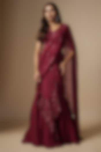 Maroon Chiffon & Organza Embellished Pre-Draped Saree Set by Charu & Vasundhara