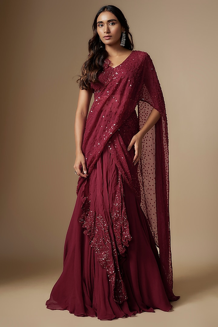 Maroon Chiffon & Organza Embellished Pre-Draped Saree Set by Charu & Vasundhara