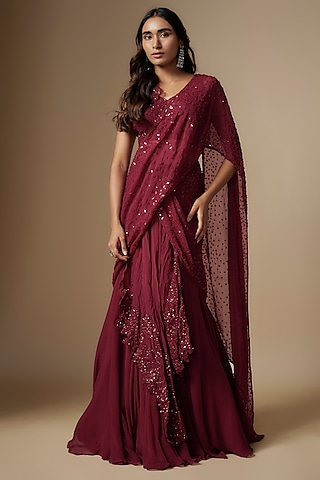 Maroon Chiffon & Organza Embellished Pre-Draped Saree Set by Charu & Vasundhara
