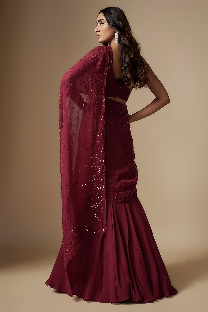 Maroon Chiffon & Organza Embellished Pre-Draped Wedding Saree Set by Charu & Vasundhara at Pernia's Pop Up Shop