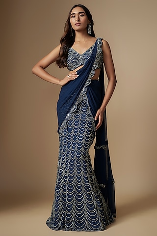 Buy Navy Blue Swaroski Diamond Silk Party Wear Saree For Women Online