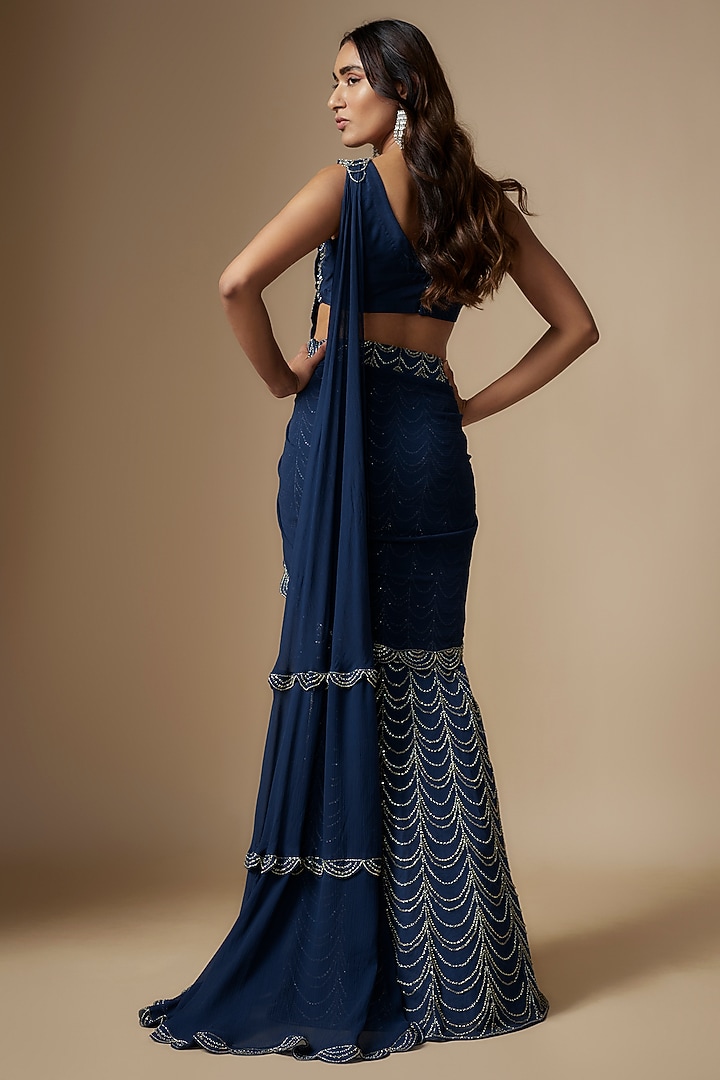 Electric Blue Net & Chiffon Embroidered Fish-Cut Pre-Draped Wedding Saree Set by Charu & Vasundhara at Pernia's Pop Up Shop