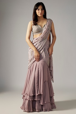 Lavender Chiffon Hand Embroidered Saree Set by Charu & Vasundhara
