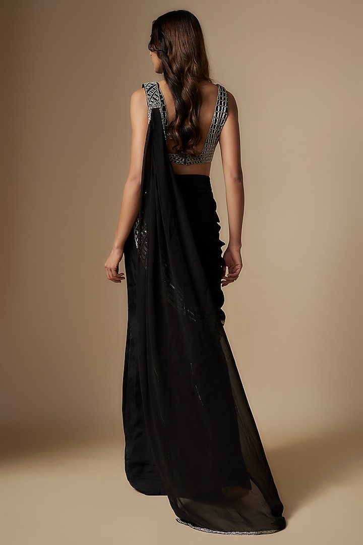 Black Satin Organza Pre-Draped Slit Wedding Saree Set by Charu & Vasundhara at Pernia's Pop Up Shop