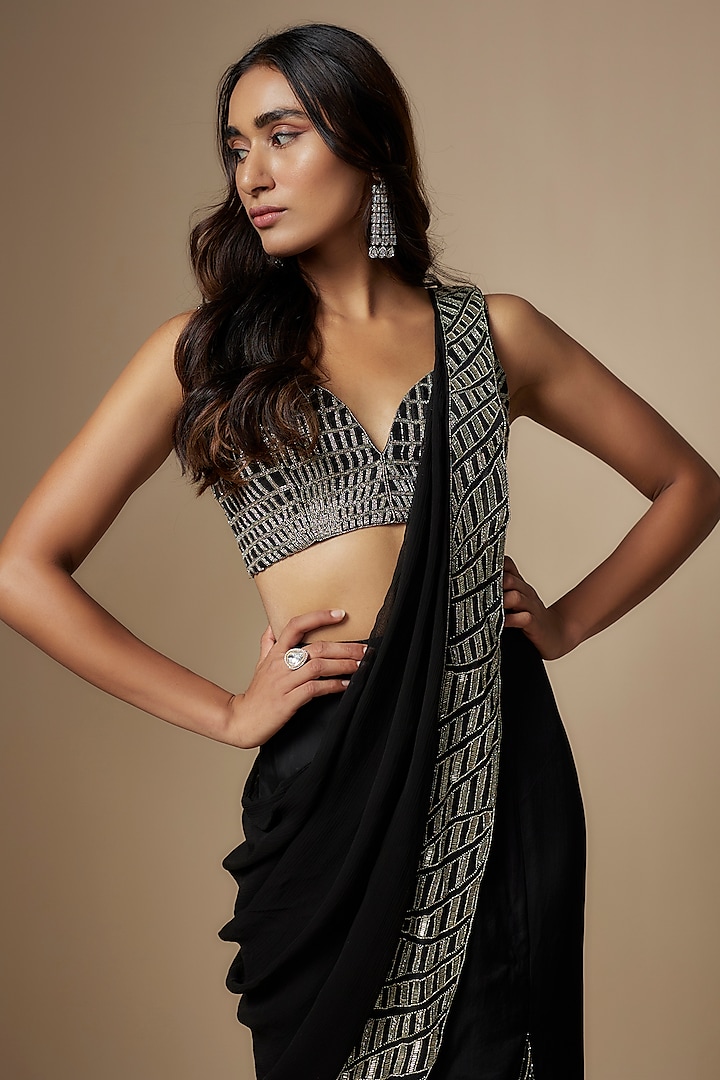 Black Satin Organza Pre-Draped Slit Wedding Saree Set by Charu & Vasundhara at Pernia's Pop Up Shop