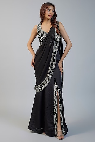 Black Satin Hand Embroidered Scalloped Pre-Draped Wedding Saree Set by ...