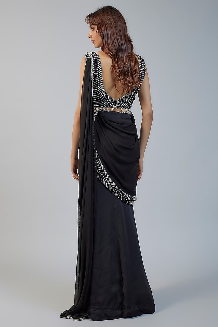 Black Satin Hand Embroidered Scalloped Pre-Draped Wedding Saree Set by ...