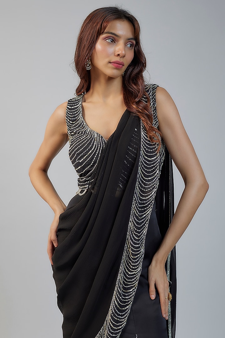 Black Satin Hand Embroidered Scalloped Pre-Draped Wedding Saree Set by Charu & Vasundhara at Pernia's Pop Up Shop