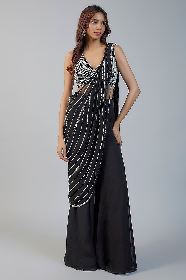 Black Organza Hand Embroidered Pre-Draped Pant Saree Set by Charu & Vasundhara