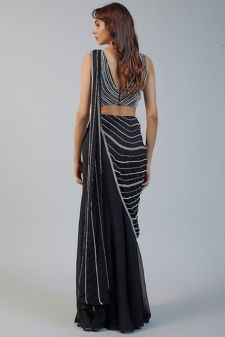 Black Organza Hand Embroidered Pre-Draped Pant Wedding Saree Set by Charu & Vasundhara at Pernia's Pop Up Shop