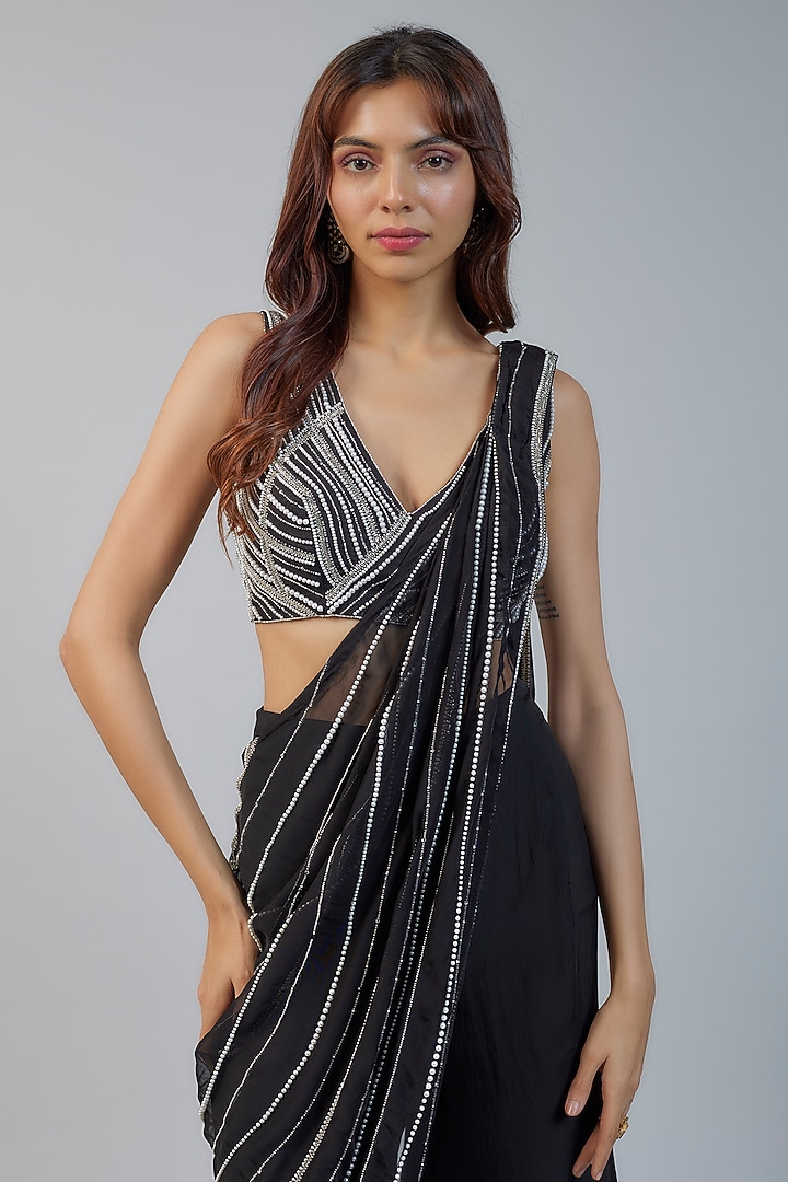 Black Organza Hand Embroidered Pre-Draped Pant Wedding Saree Set by Charu & Vasundhara at Pernia's Pop Up Shop