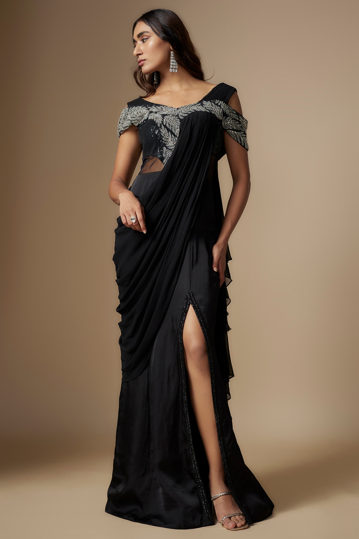 Beautiful Satin Draped Dresses in Saree style | Gown dress design, Wedding  blouse designs, Designer dresses