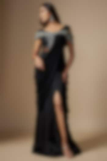 Black Satin Organza & Net Embellished Gown Saree by Charu & Vasundhara at Pernia's Pop Up Shop