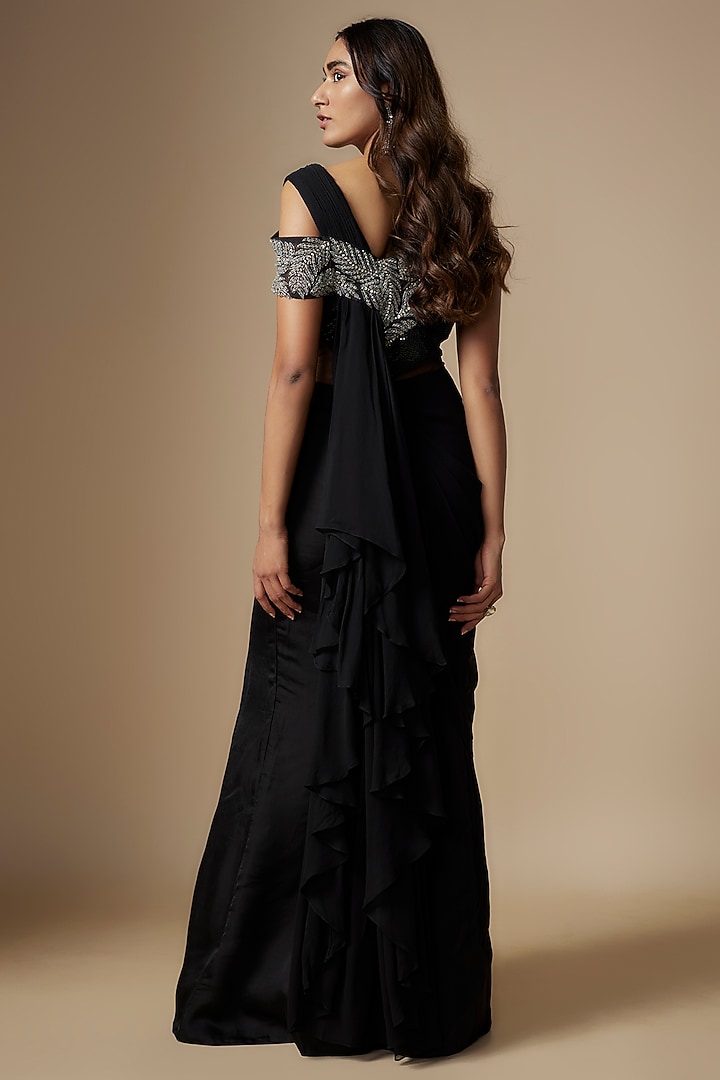 Black Satin Organza & Net Embellished Wedding Gown Saree by Charu & Vasundhara at Pernia's Pop Up Shop