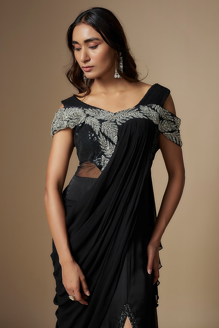 Black Satin Organza & Net Embellished Wedding Gown Saree by Charu & Vasundhara at Pernia's Pop Up Shop