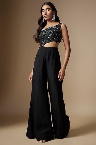 Black Silk & Organza Floral Embroidered One-Shoulder Jumpsuit by Charu & Vasundhara