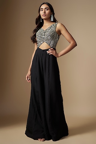 Black Silk & Organza Embroidered Jumpsuit by Charu & Vasundhara