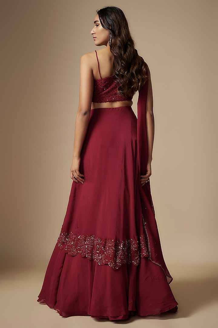 Maroon Organza Embroidered Layered Skirt Set by Charu & Vasundhara at Pernia's Pop Up Shop
