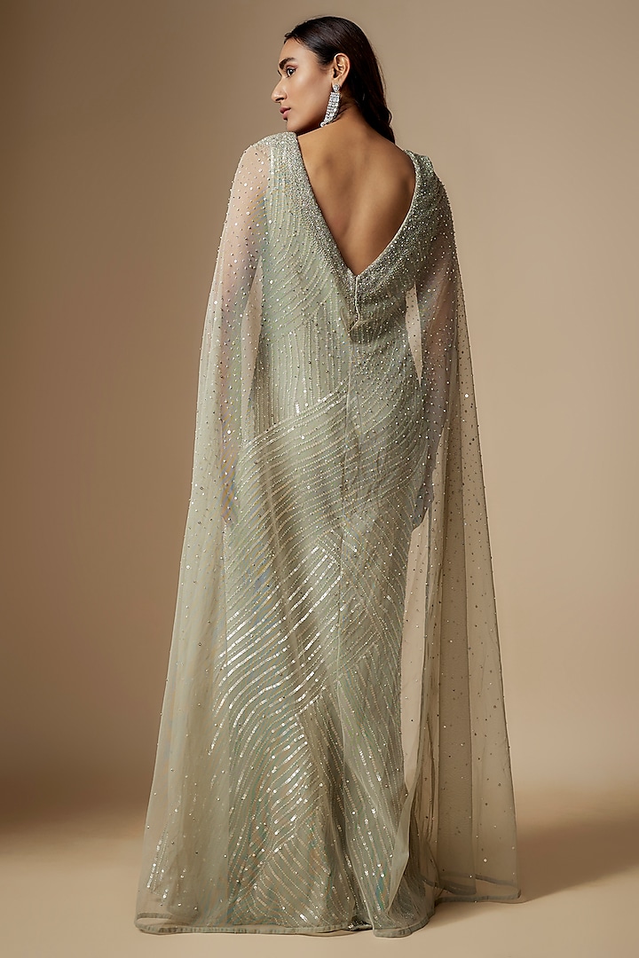 Silver Grey Net Embellished Fish-Cut Engagement Gown by Charu & Vasundhara at Pernia's Pop Up Shop
