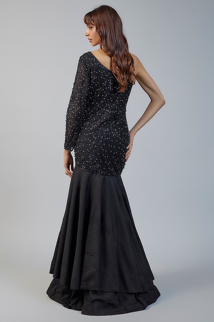 Black Silk Leaf 3D Hand Embroidered One-Shoulder Ruffled Engagement Gown by Charu & Vasundhara at Pernia's Pop Up Shop