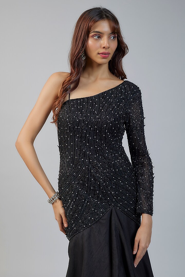 Black Silk Leaf 3D Hand Embroidered One-Shoulder Ruffled Engagement Gown by Charu & Vasundhara at Pernia's Pop Up Shop