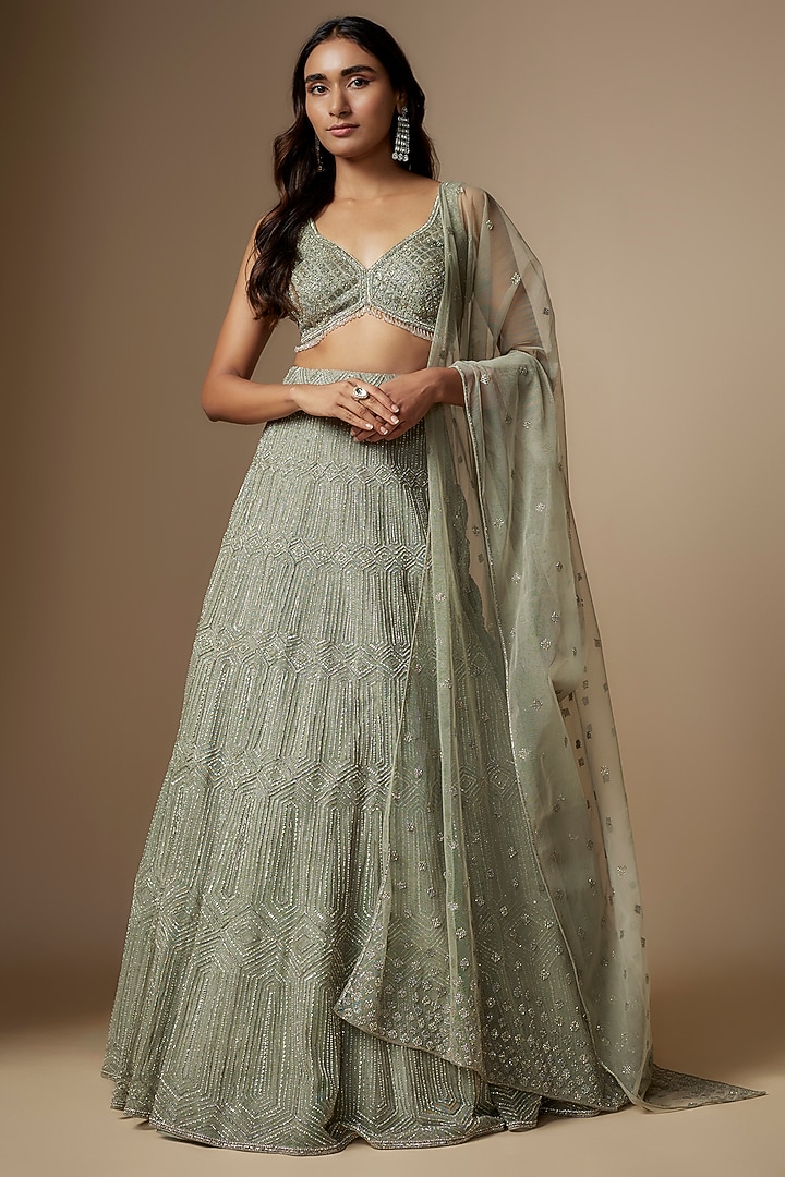 Silver Grey Net Embroidered Bridal Lehenga Set by Charu & Vasundhara at Pernia's Pop Up Shop