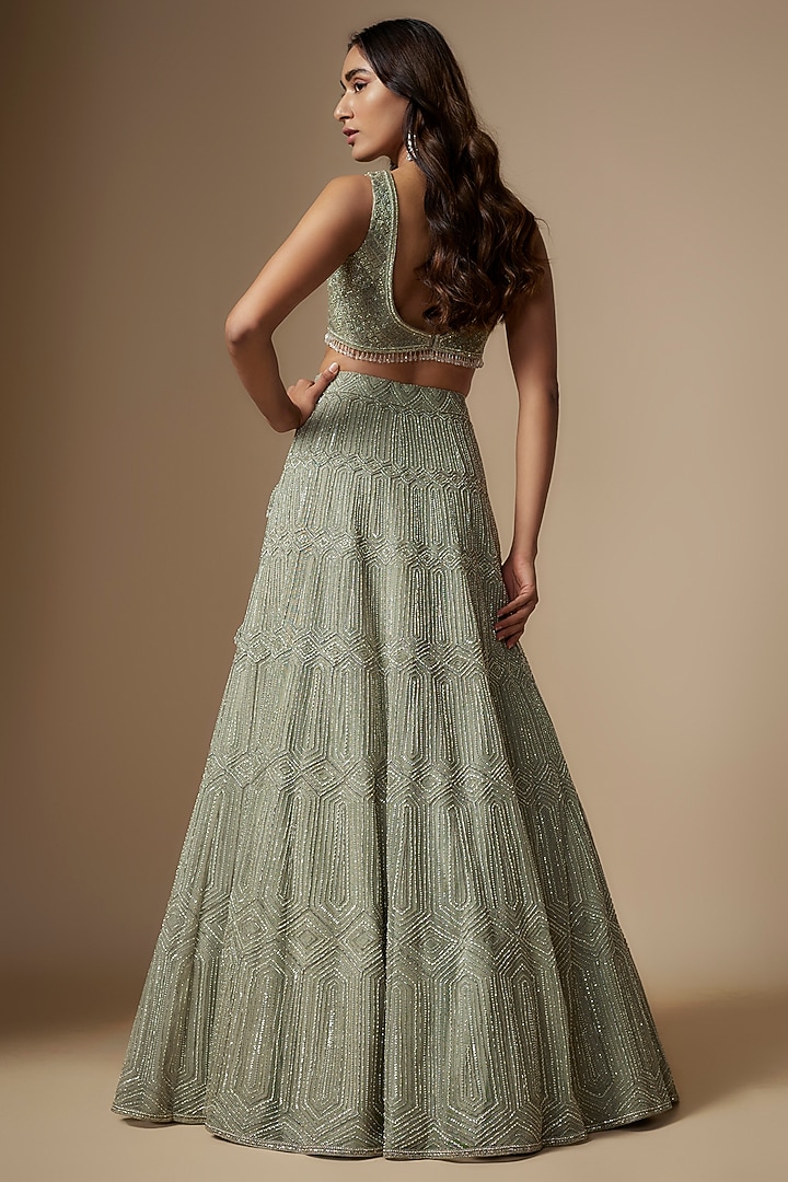 Silver Grey Net Embroidered Bridal Lehenga Set by Charu & Vasundhara at Pernia's Pop Up Shop