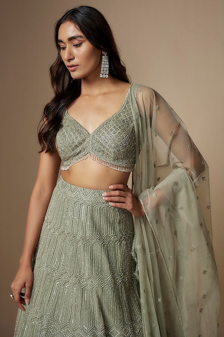 Silver Grey Net Embroidered Bridal Lehenga Set by Charu & Vasundhara at Pernia's Pop Up Shop
