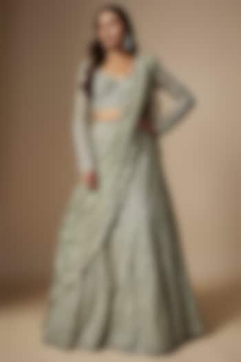 Silver Grey Net Embroidered Wedding Lehenga Set by Charu & Vasundhara at Pernia's Pop Up Shop