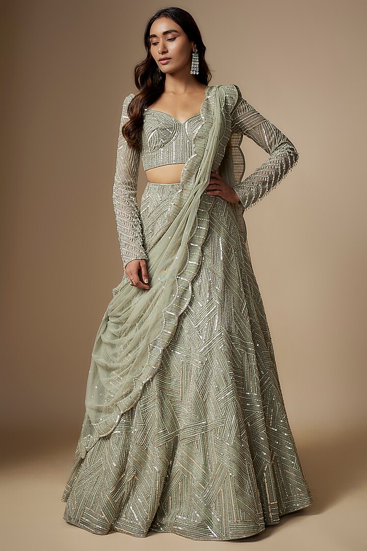 Silver Grey Net Embroidered Wedding Lehenga Set by Charu & Vasundhara at Pernia's Pop Up Shop