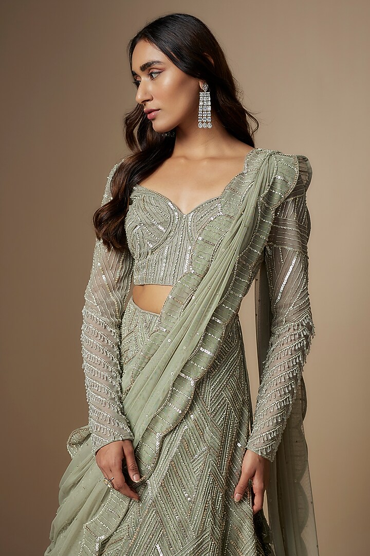 Silver Grey Net Embroidered Wedding Lehenga Set by Charu & Vasundhara at Pernia's Pop Up Shop