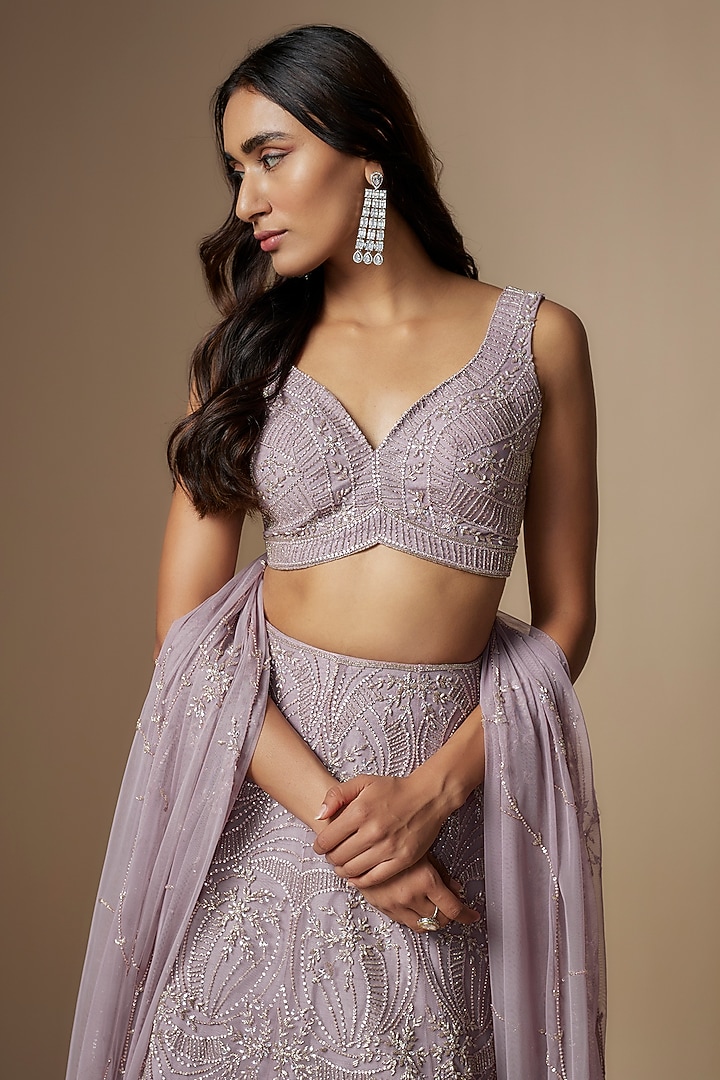 Lavender Net Floral Embroidered Bridal Lehenga Set by Charu & Vasundhara at Pernia's Pop Up Shop