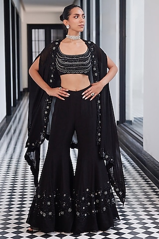 Black Taffeta Tasser Viscose Organza Floral Hand Embroidered Cape Set by Charu & Vasundhara