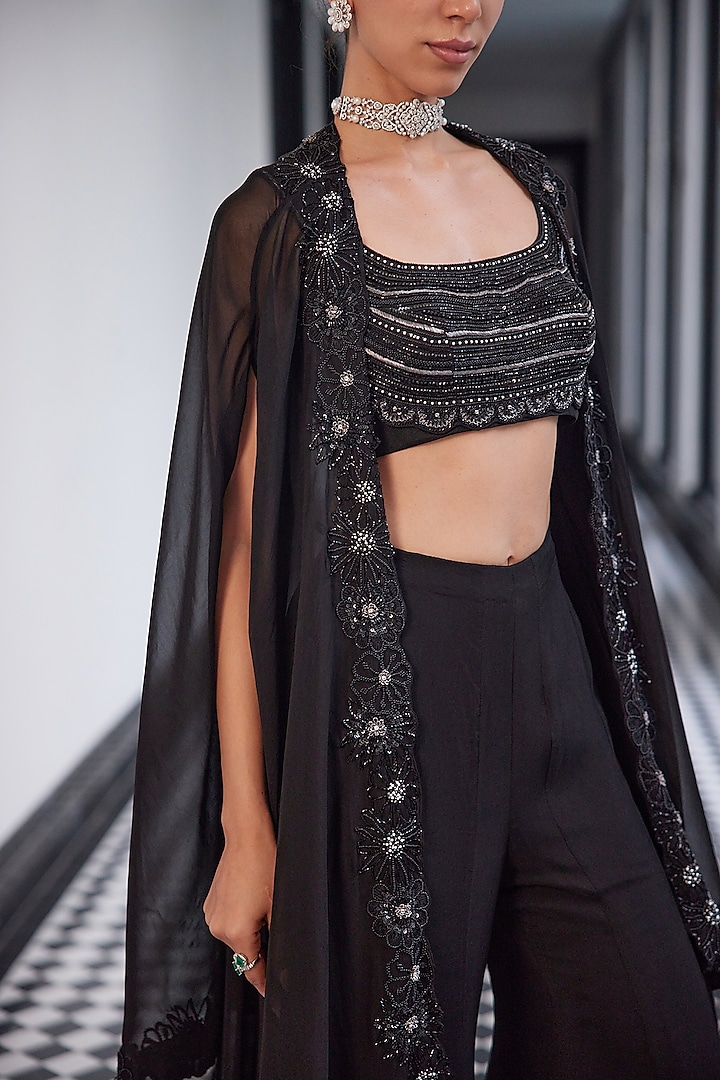 Black Taffeta Tasser Viscose Organza Floral Hand Embroidered Cape Set by Charu & Vasundhara at Pernia's Pop Up Shop