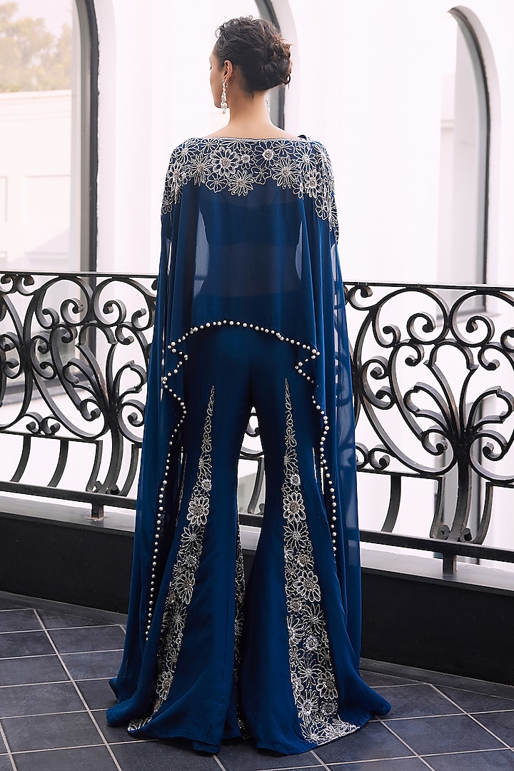Moody Blue Taffeta Tasser Viscose Organza Kalidar Wedding Sharara Set by Charu & Vasundhara at Pernia's Pop Up Shop