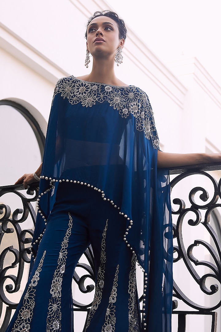 Moody Blue Taffeta Tasser Viscose Organza Kalidar Wedding Sharara Set by Charu & Vasundhara at Pernia's Pop Up Shop