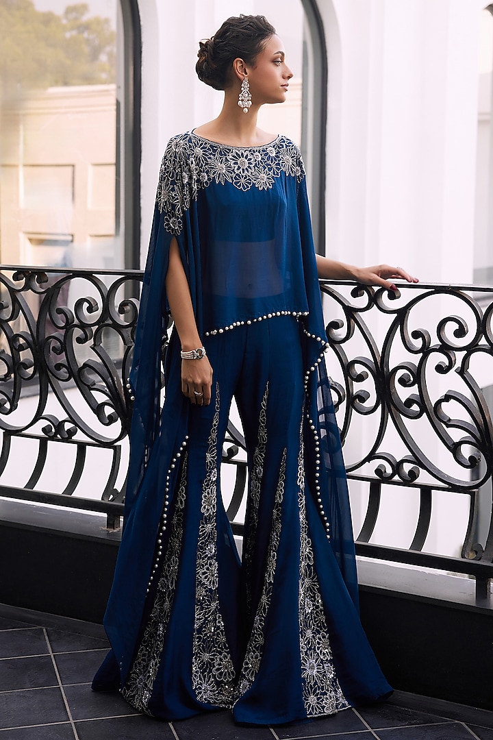 Moody Blue Taffeta Tasser Viscose Organza Kalidar Wedding Sharara Set by Charu & Vasundhara at Pernia's Pop Up Shop